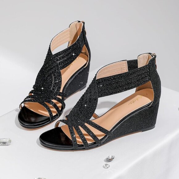 Women Wedge Sandals Sparkly Rhinestone Open Toe Dressy Evening Shoes - Picture 5 of 7